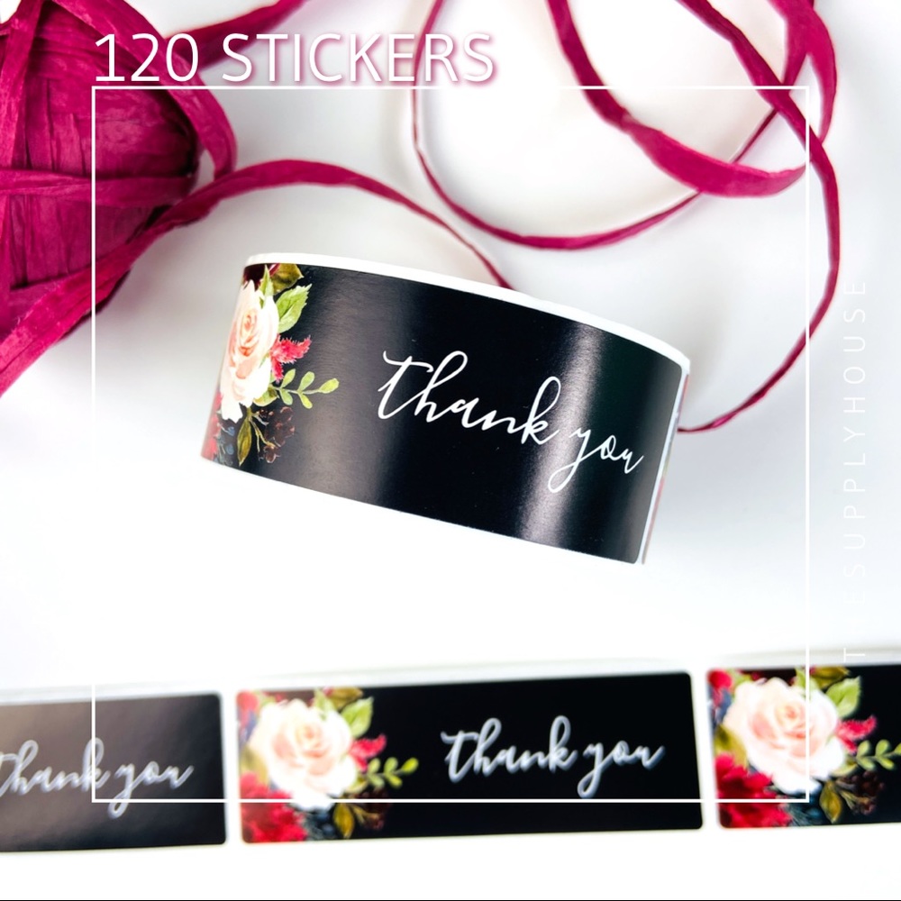120pcs Rectangle Black and White Rose Thank You Stickers